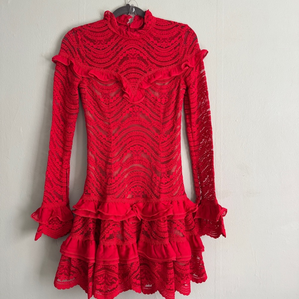 Jonathan Simkhai Red Lace Ruffle Mini Dress Long Sleeve Scallop Cocktail XS sz2 - Picture 2 of 15